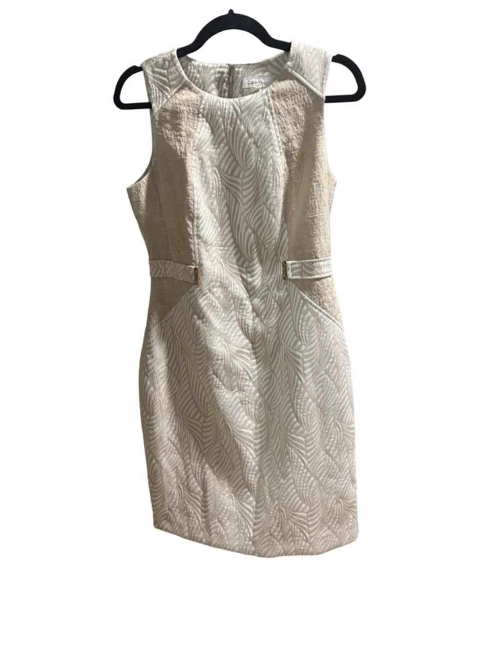 Calvin Klein Cream Jacquard Leaf Sheath Dress Metallic Accents 10